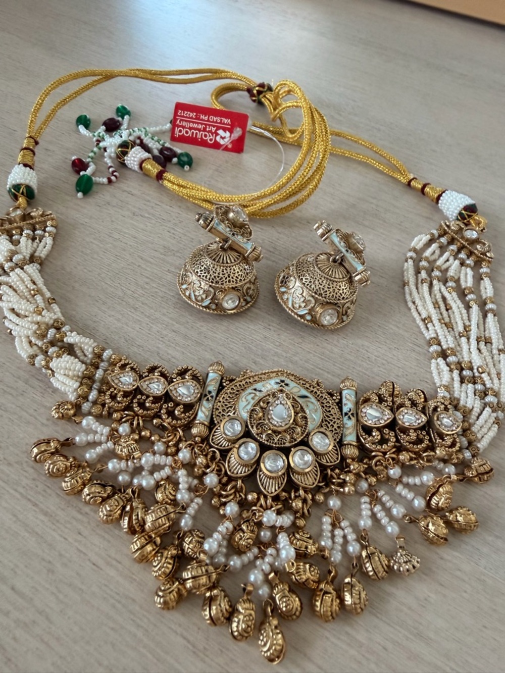Gold and White Beaded Statement Necklace with Jhumka Earrings